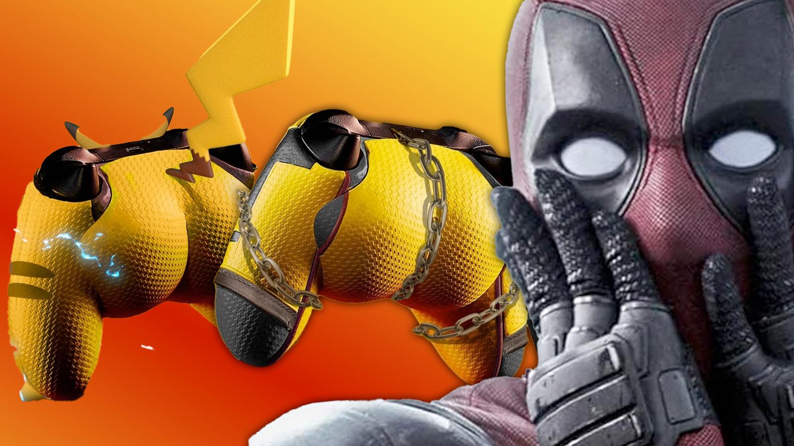 deadpool super imposed pulling a shocked face at the scorpion & pikachu rendered controller