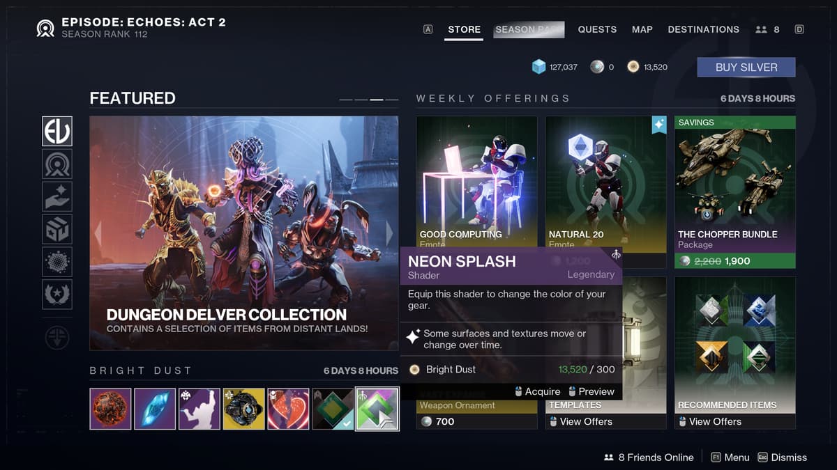 The Neon Splash shader as viewed in Destiny 2's Bright Dust Store.