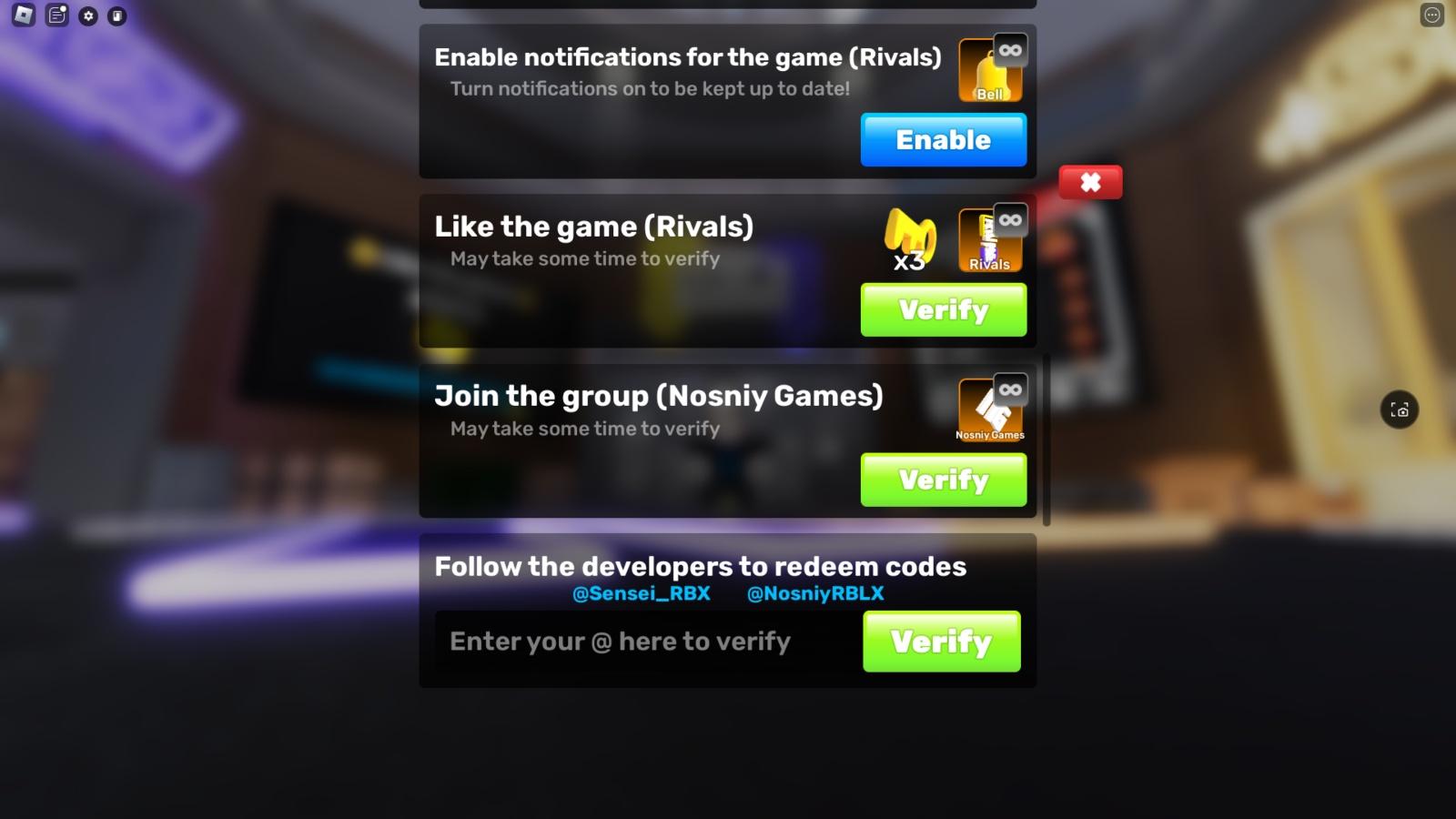 Roblox RIVALS code redemption page.