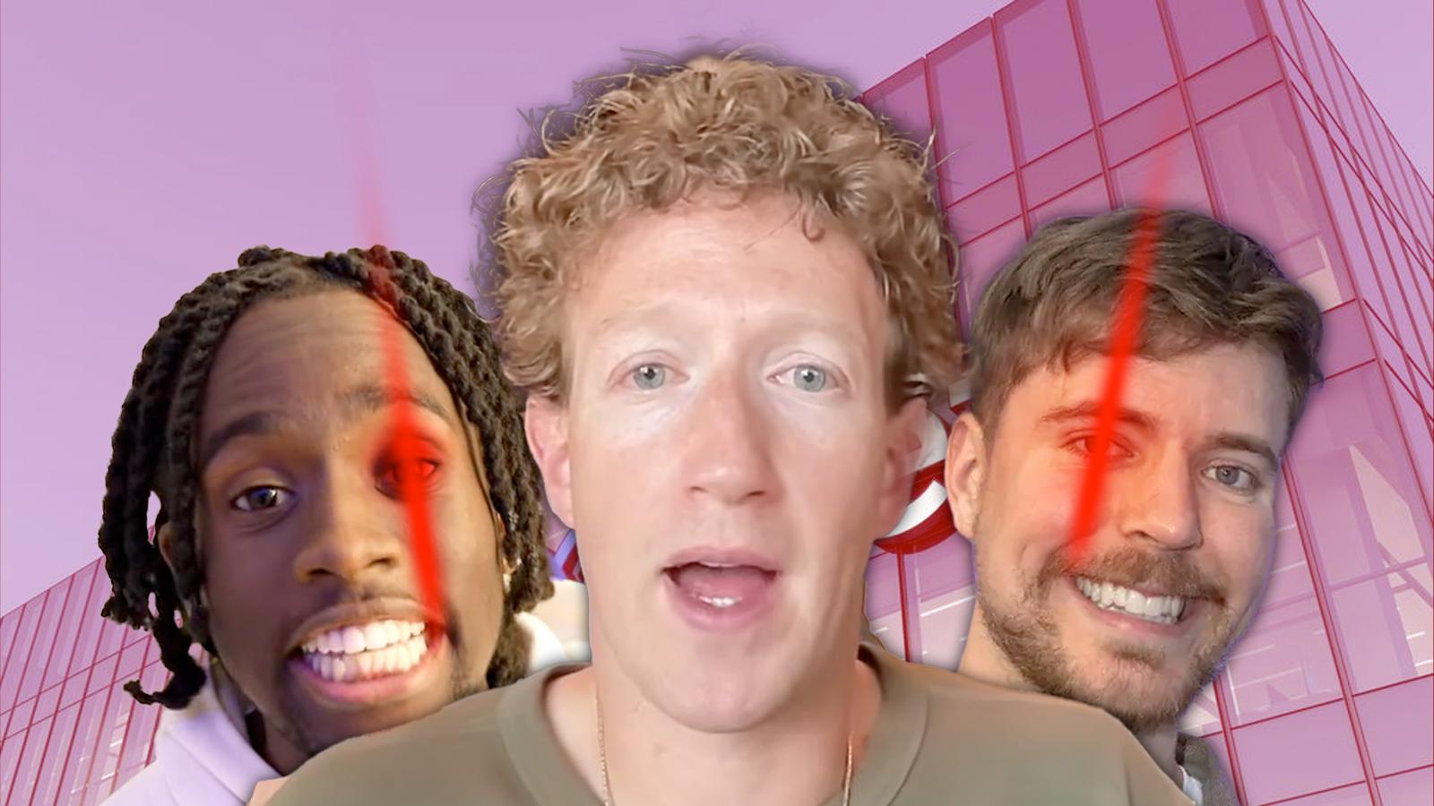 zuckerberg with mr beast and kai cenat with red lights over their eyes to indicate robots