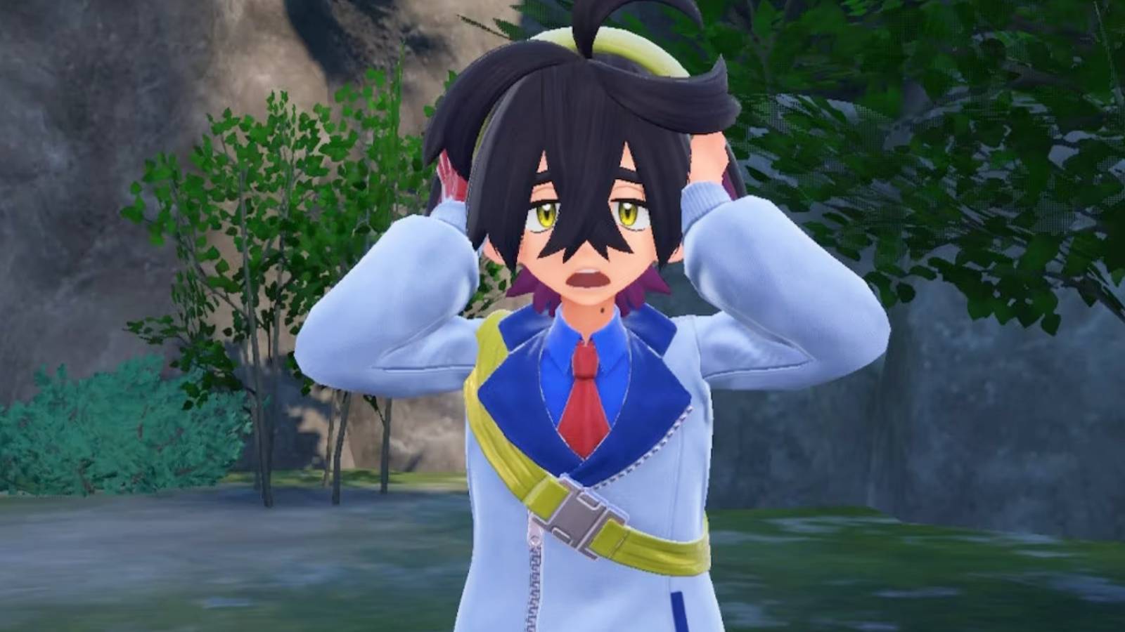 A screenshot from Pokemon Scarlet and Violet shows the character Kieran looking shocked