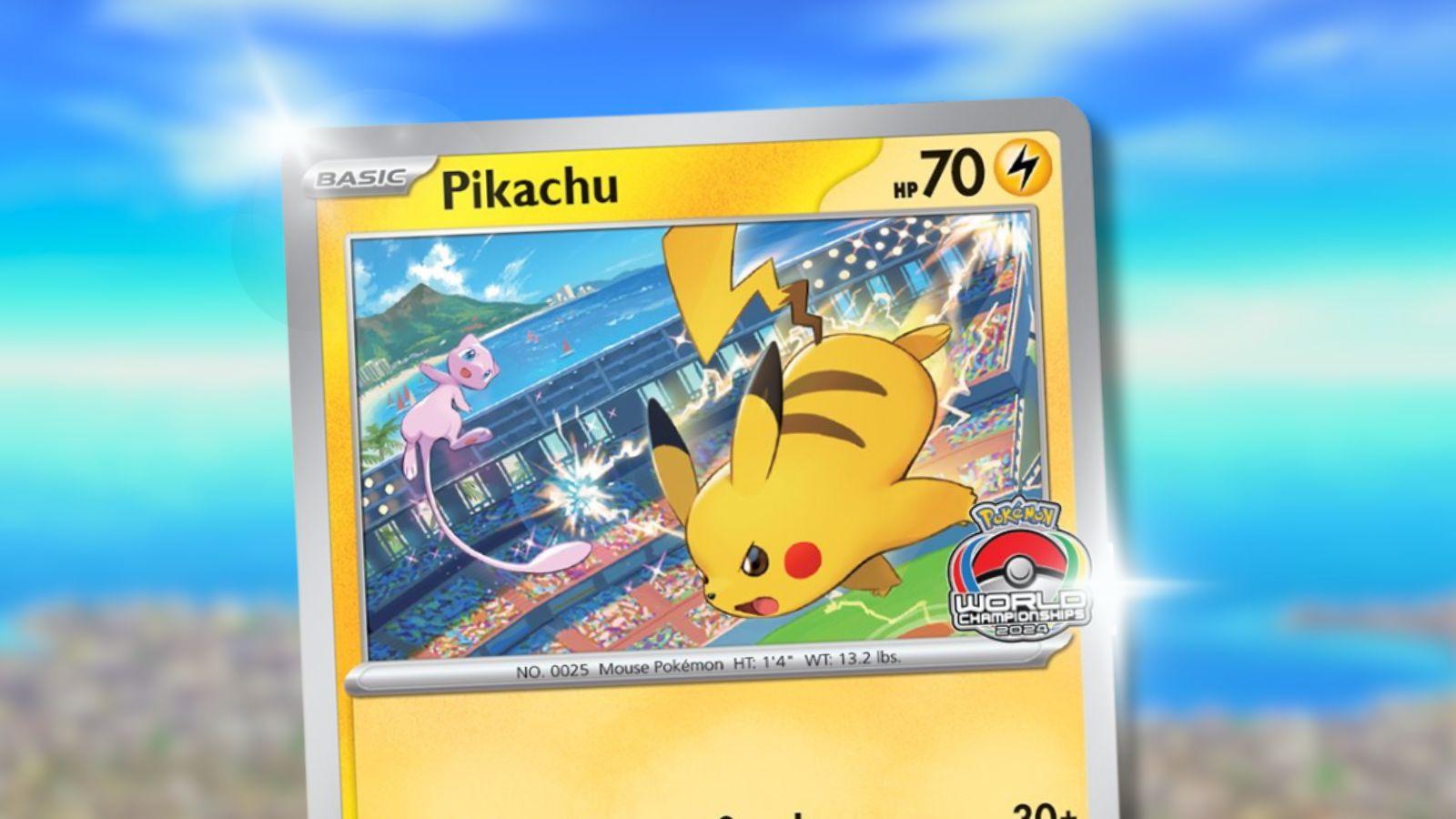 Pikachu Worlds 2024 Pokemon card with anime background.