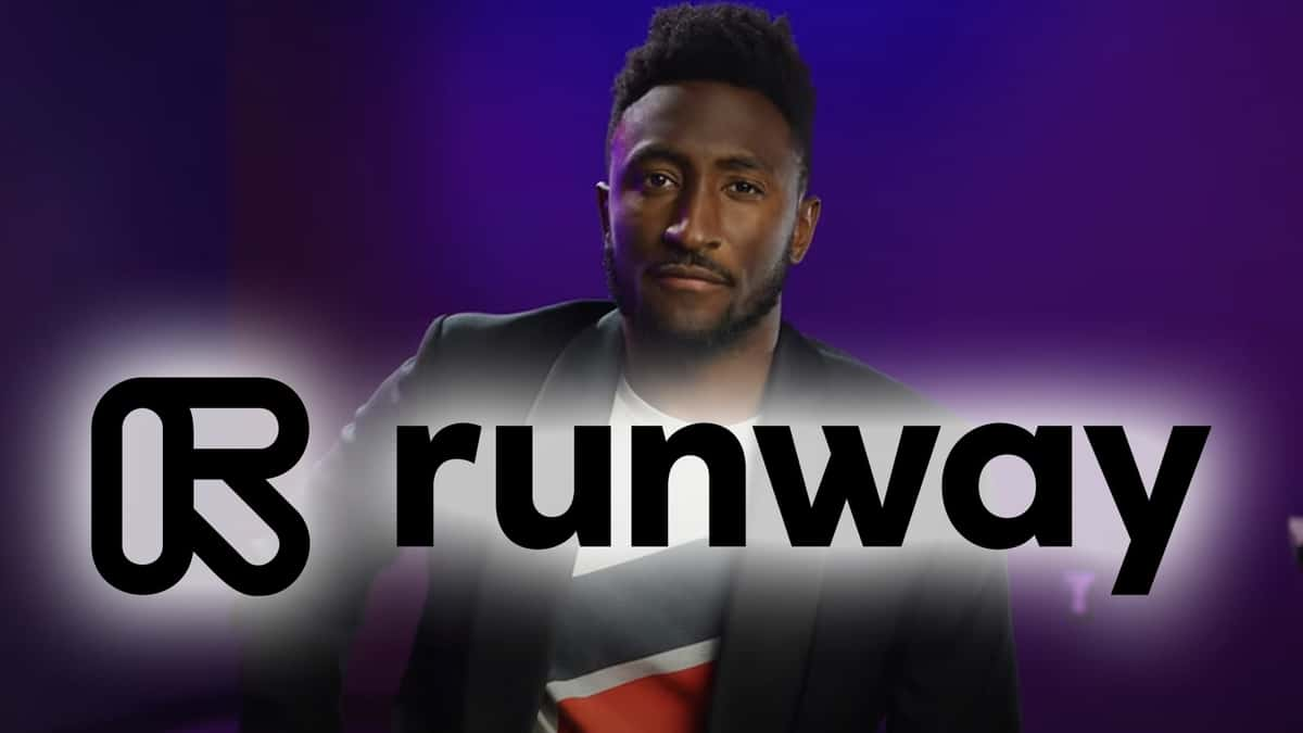 MKBHD on a purple background with the runway AI logo on top of it