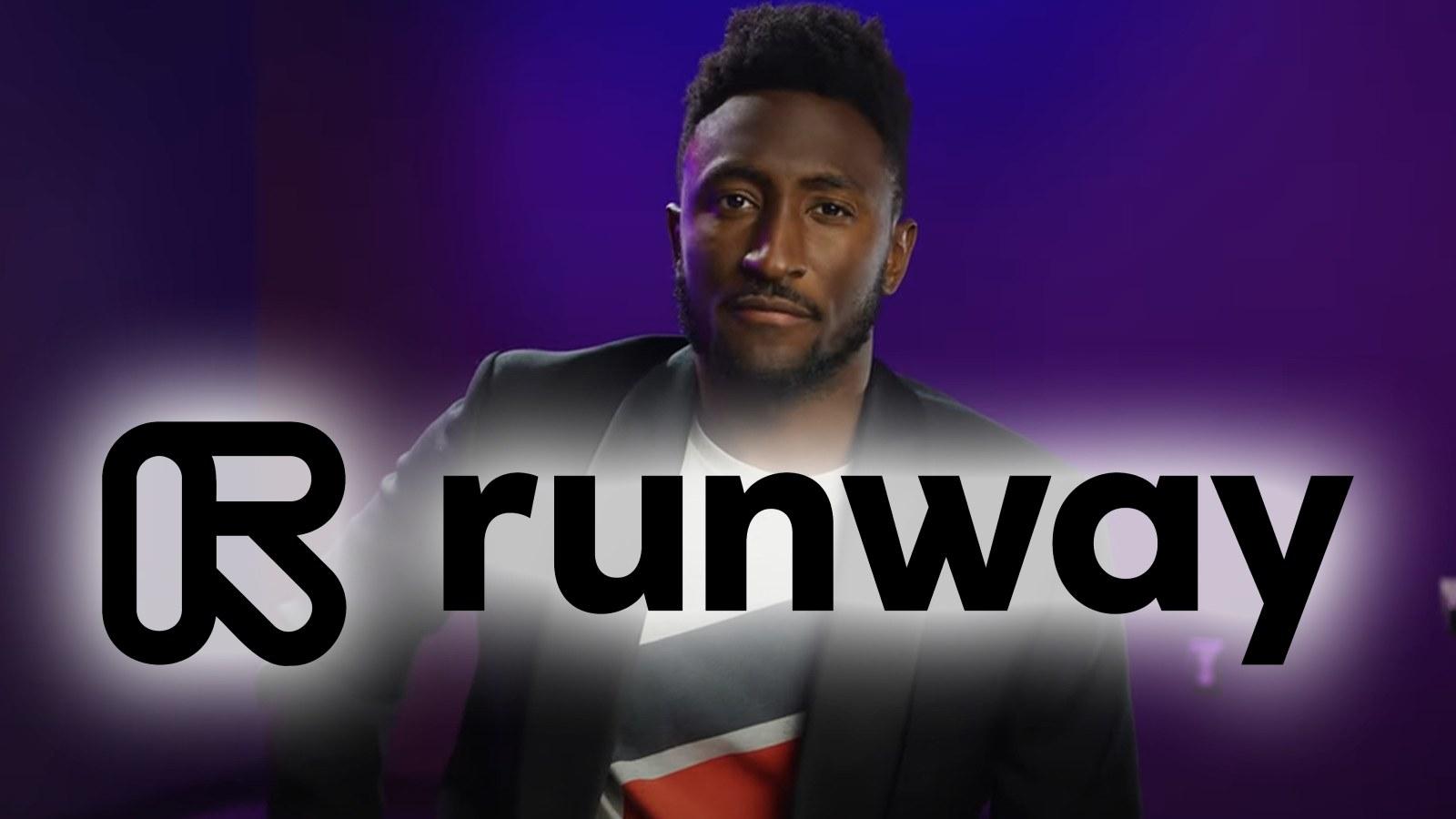MKBHD on a purple background with the runway AI logo on top of it