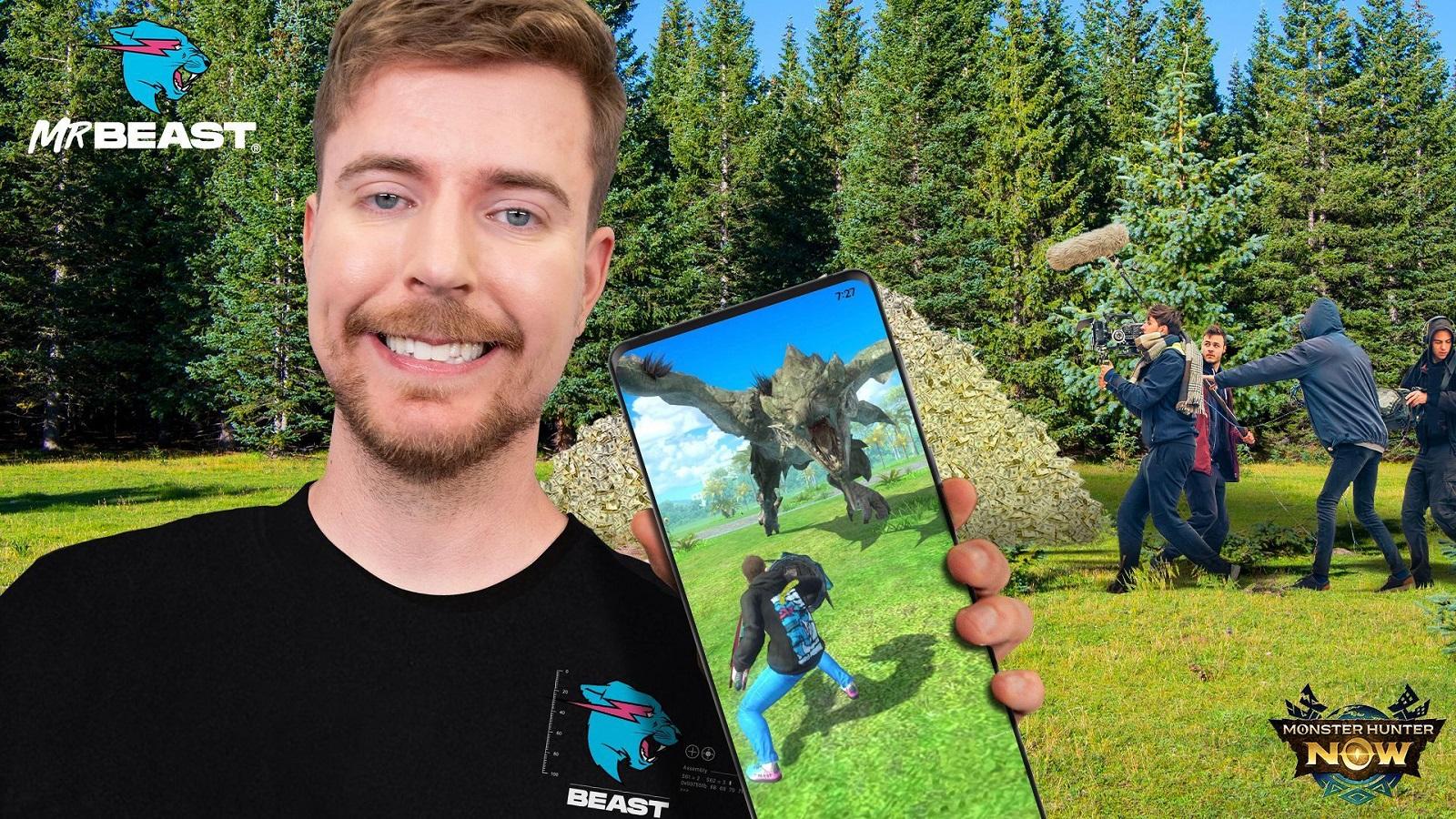 MrBeast holding a phone with Monster Hunter Now on it