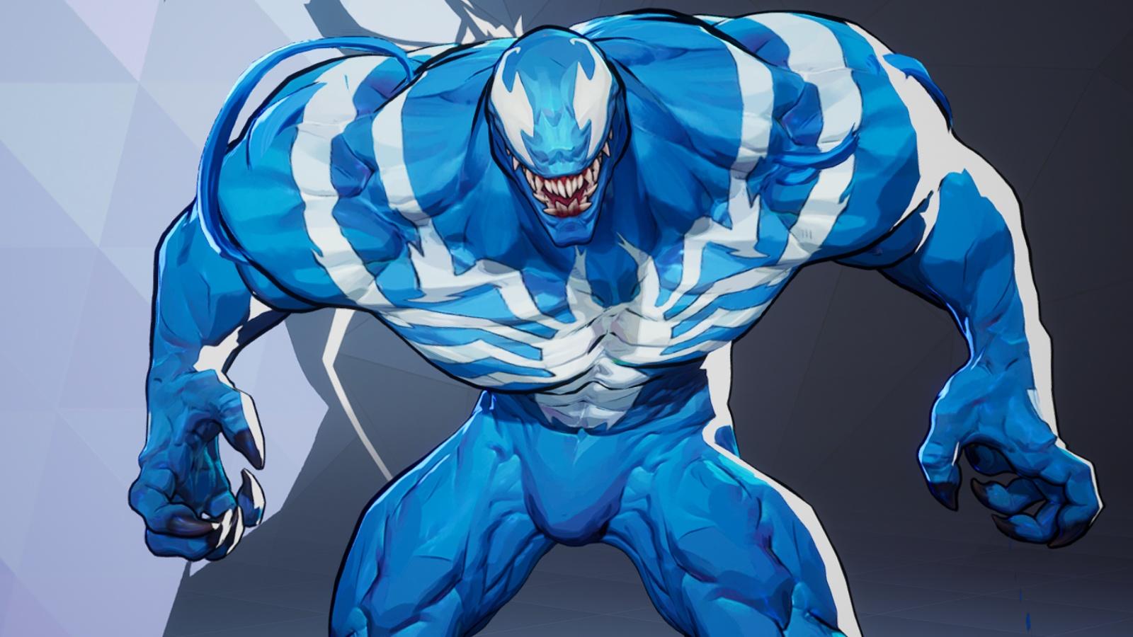 A screenshot featuring the Cyan Clash Venom skin in Marvel Rivals.