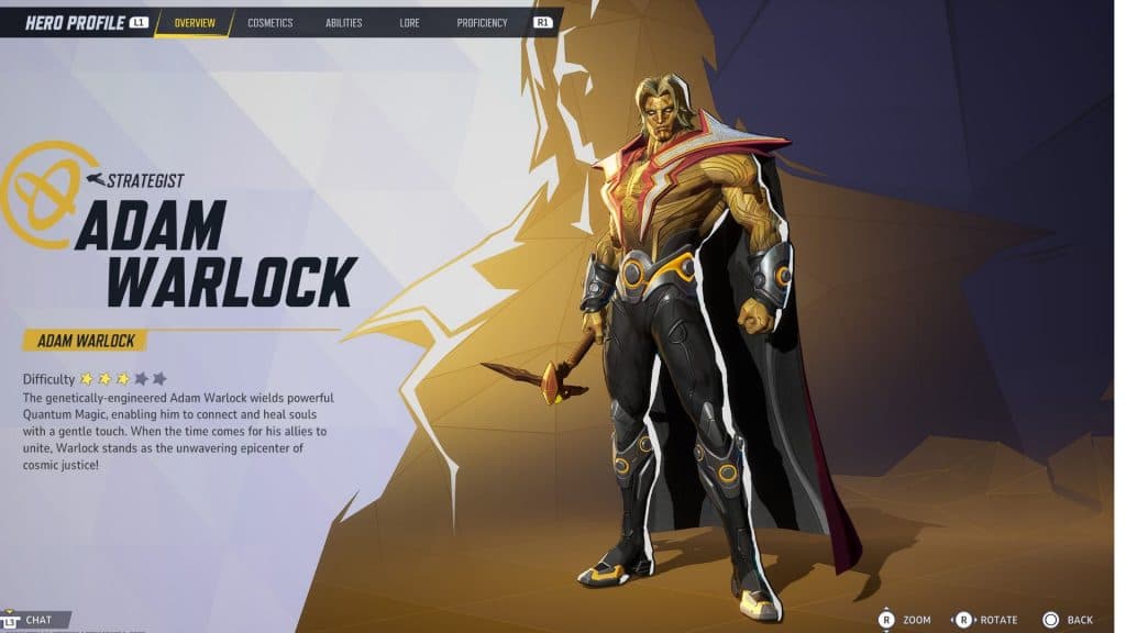 A screenshot of Adam Warlock's hero screen in Marvel Rivals.