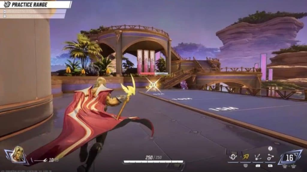 A screenshot of Adam Warlock in the practice range in Marvel Rivals.