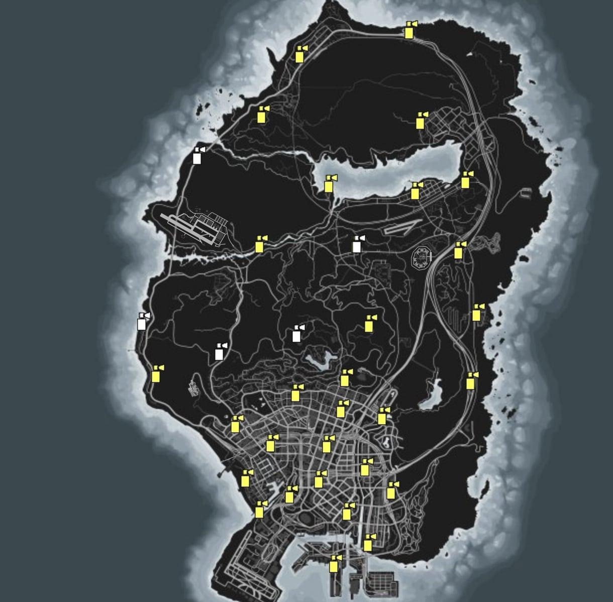 map of gta online's map with yellow and white spray can logos