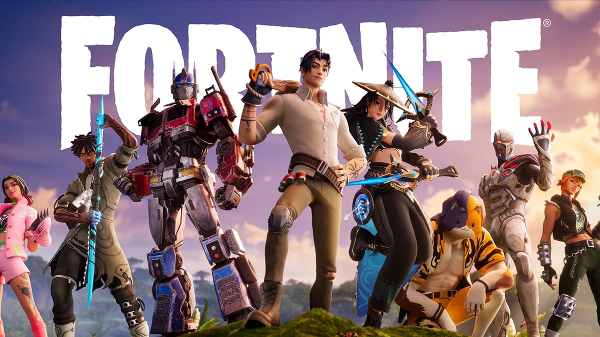 cover art for Fortnite featuring several in-game characters including Optimus Prime.