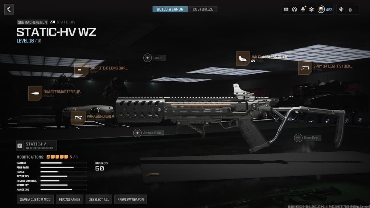 A screenshot of the best Static-HV loadout to use in Warzone.