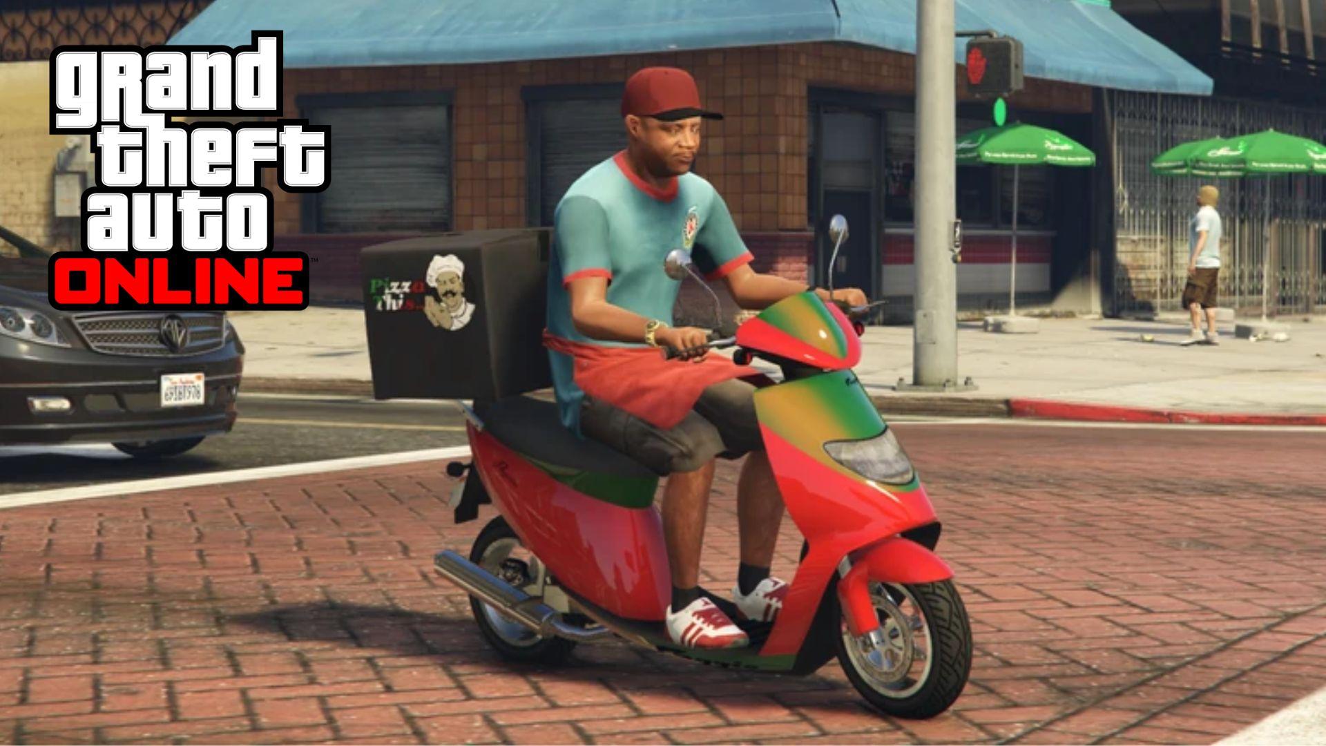 GTA Online character riding Pizza bik