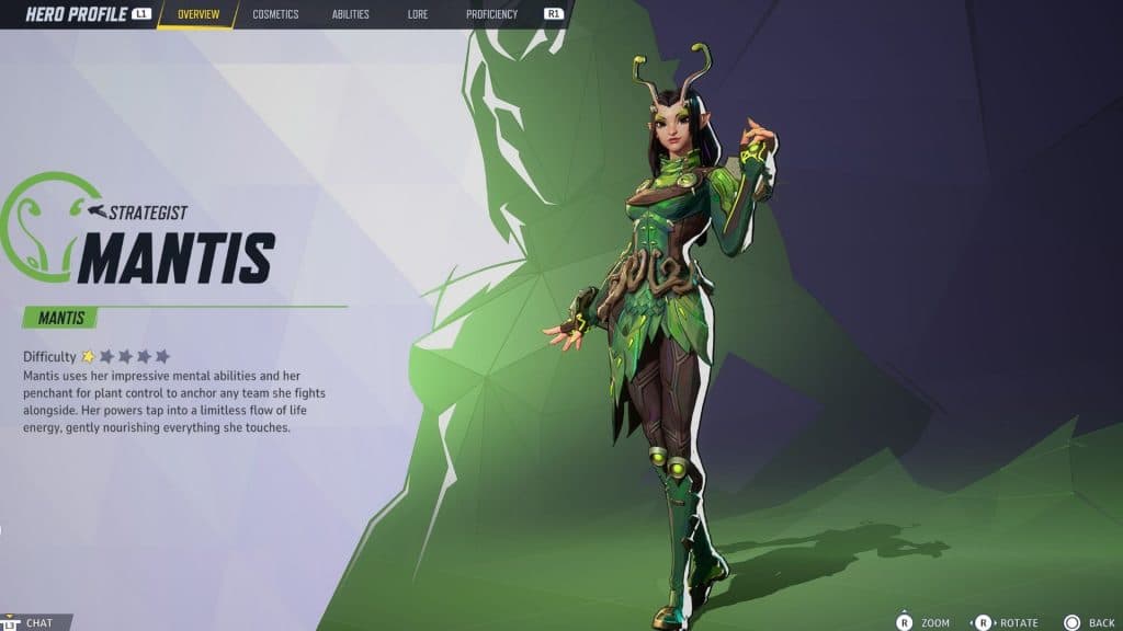 A screenshot of Mantis' hero screen in Marvel Rivals.