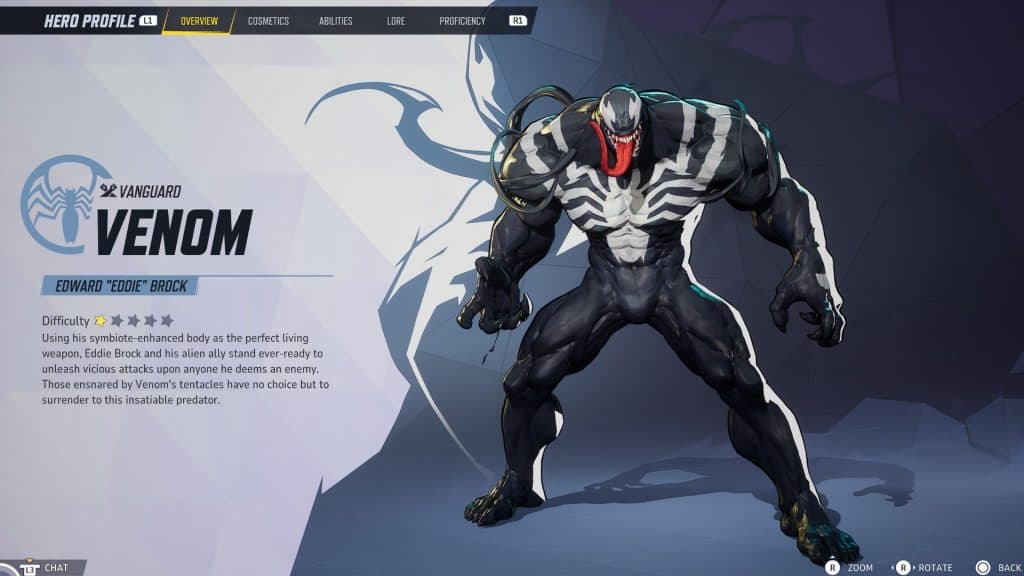 A screenshot of Venom's hero screen in Marvel Rivals.