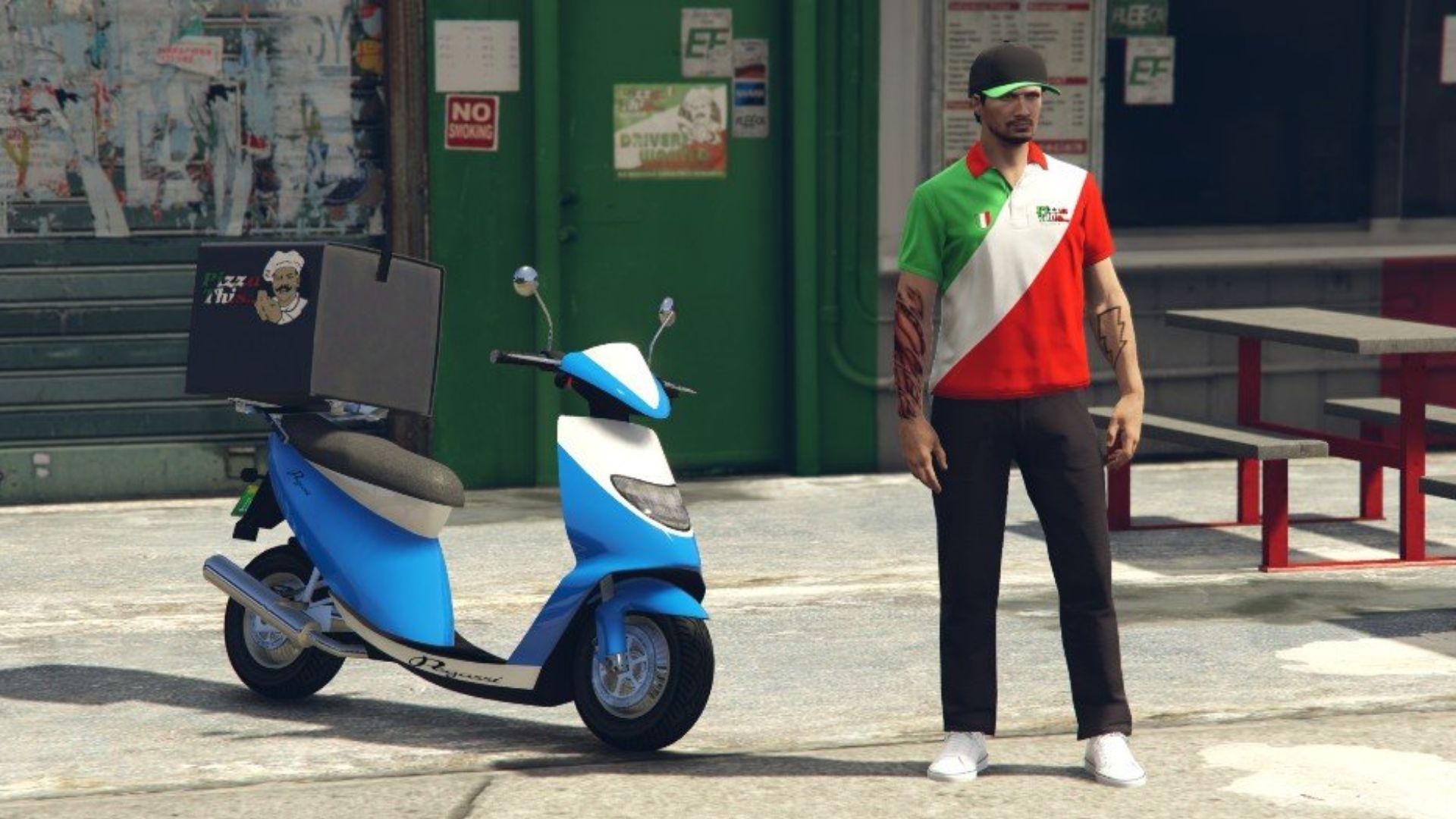 GTA online character stood in pizza job uniform next to blue bike