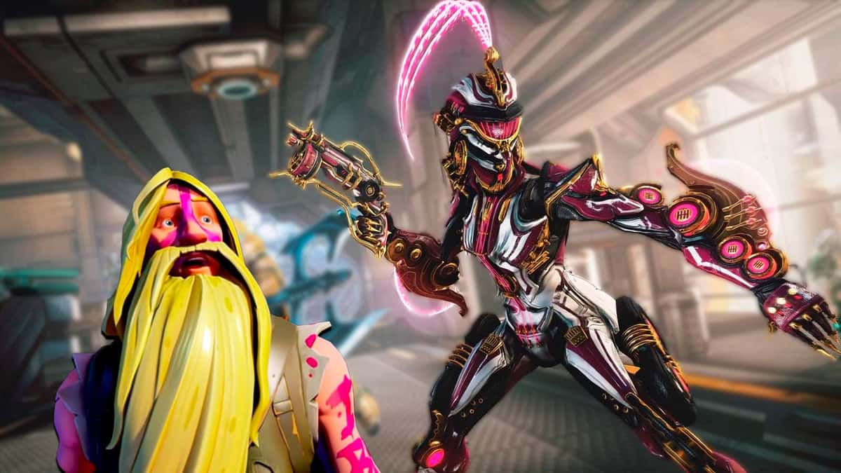 Fortnite's Bunker Jonesy looking at awe at Warframe Tenno