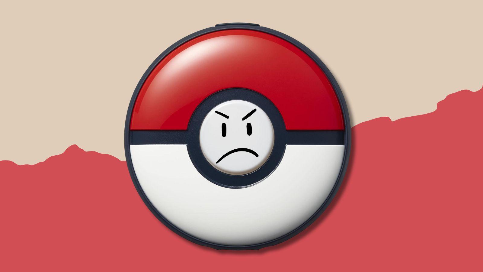 Pokemon Go+ with an angry face and split color background.