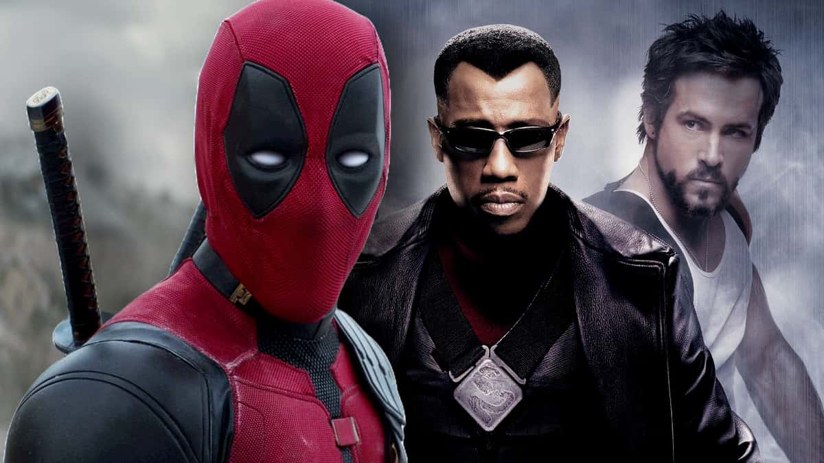 A still from Deadpool and Wolverine next to Wesley Snipes and Ryan Reynolds in Blade Trinity