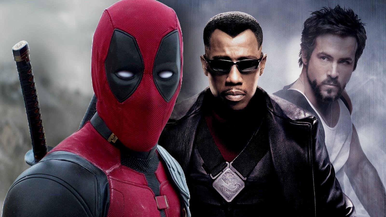 A still from Deadpool and Wolverine next to Wesley Snipes and Ryan Reynolds in Blade Trinity