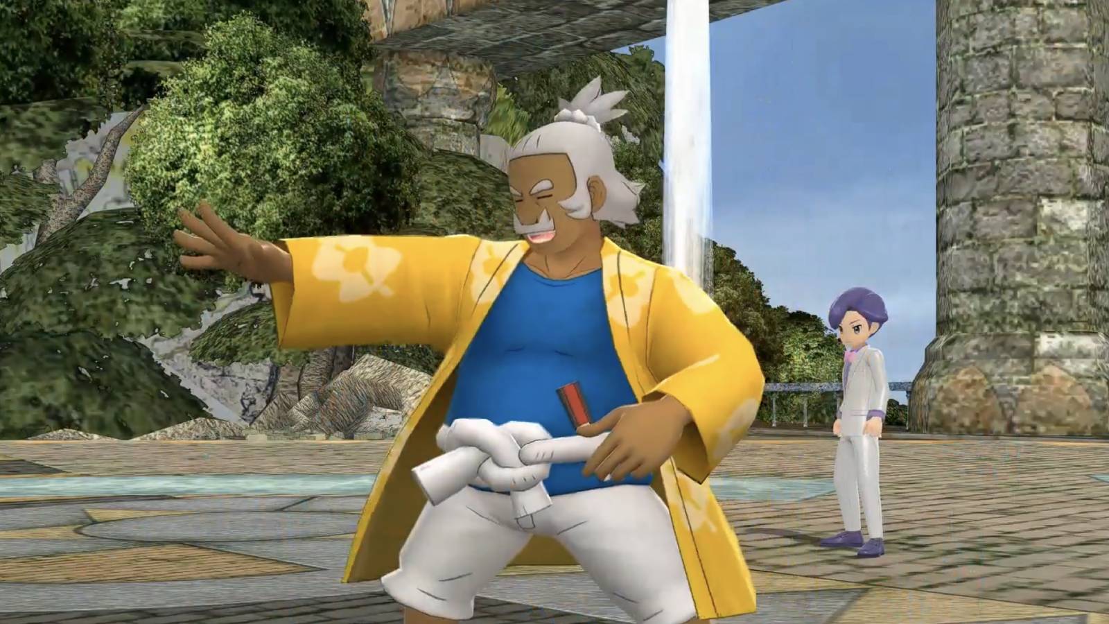 A custom screenshot shows the character Hala appearing as a Pokemon
