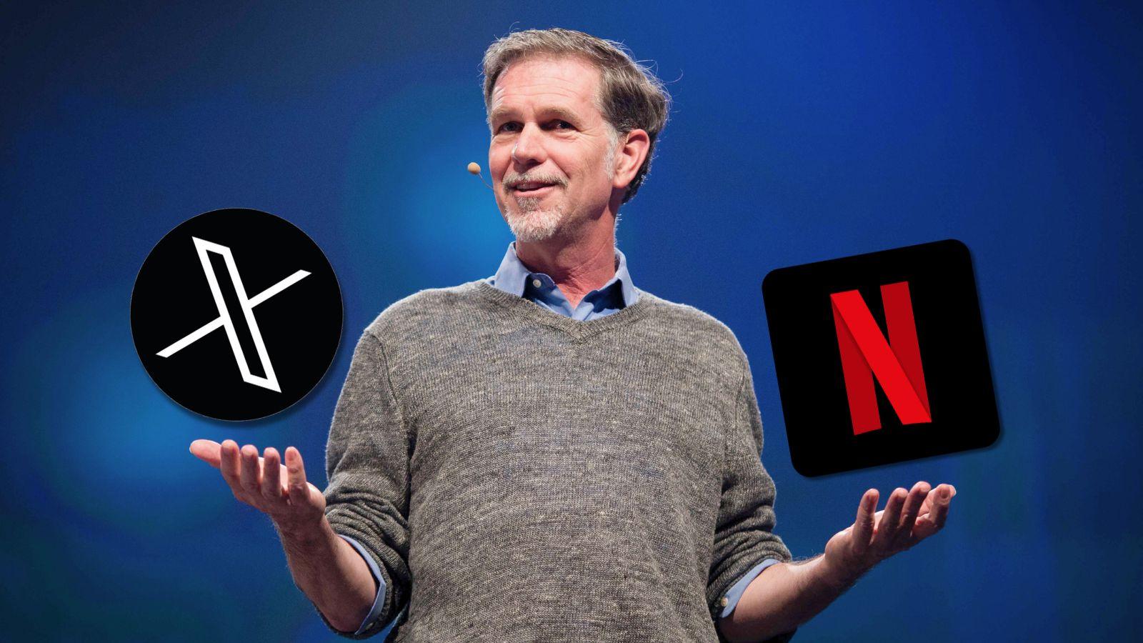 Reed Hastings delivering at Republica in Berlin, the X and Netflix logos are to his right and left.