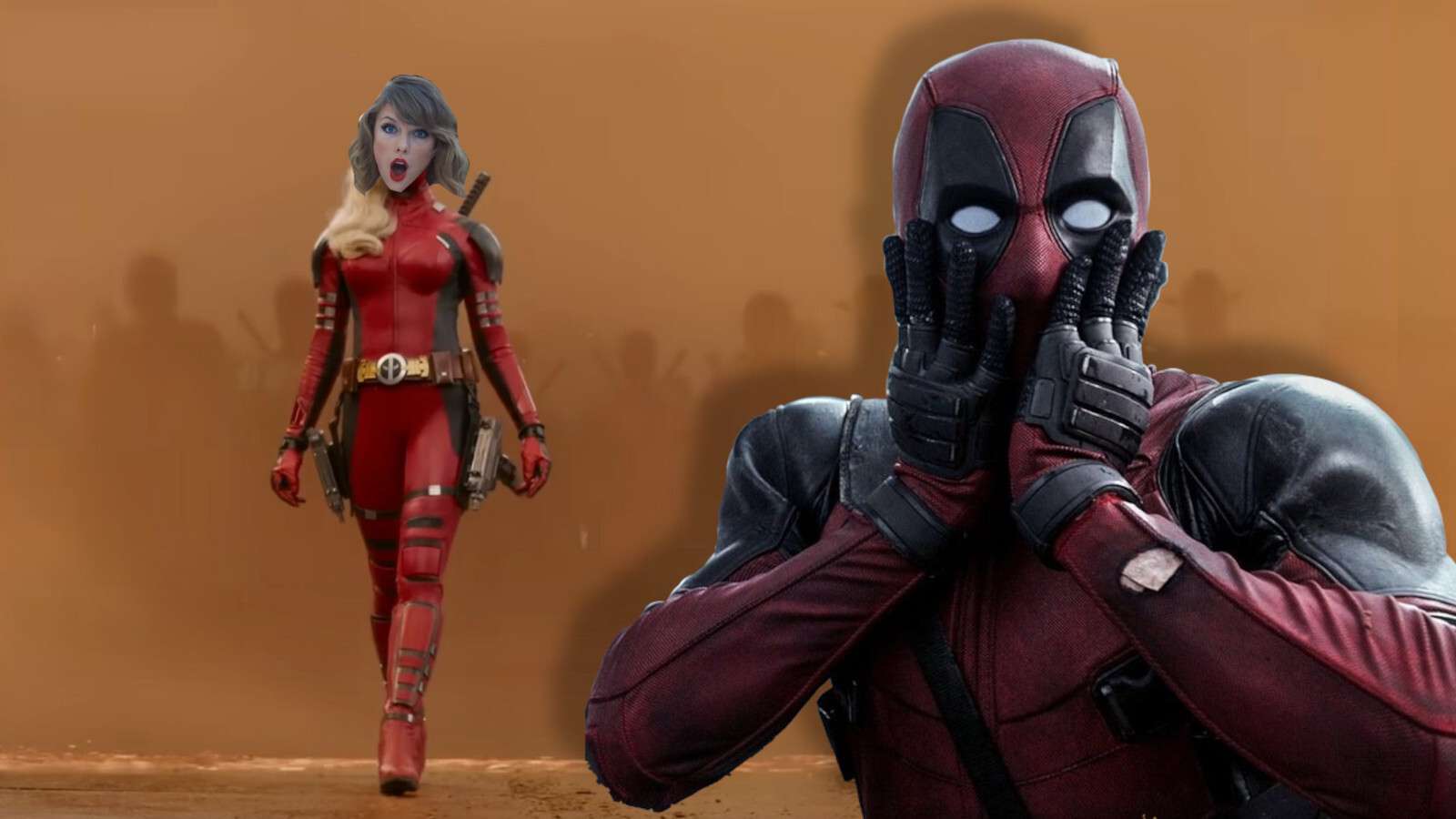 Taylor Swift as a fake Lady Deadpool and Deadpool