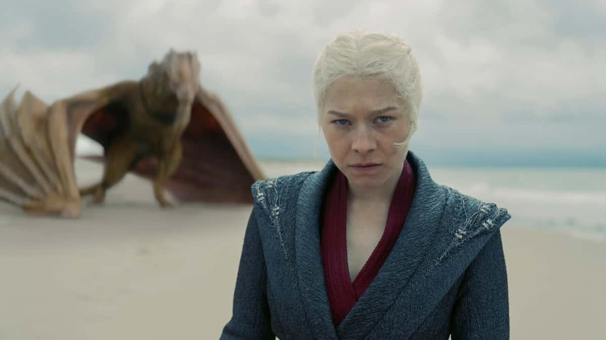 House of the Dragon Season 2 Episode 7 recap: Emma D'Arcy as Rhaenyra on the beach with a dragon behind her