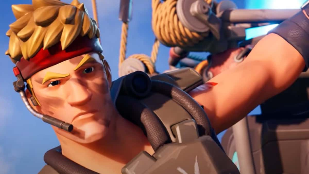 Fortnite Jonesy looking at the battle arena with his mobility tool