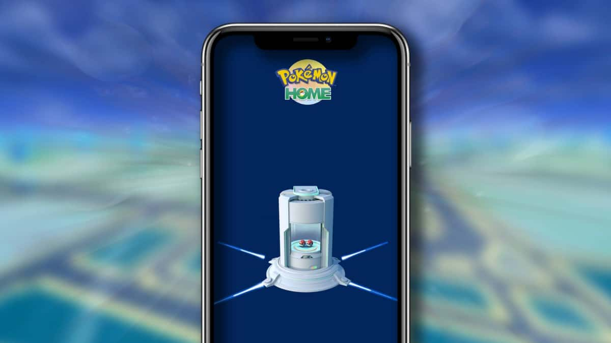 A phone is shown with Pokemon Home on the screen