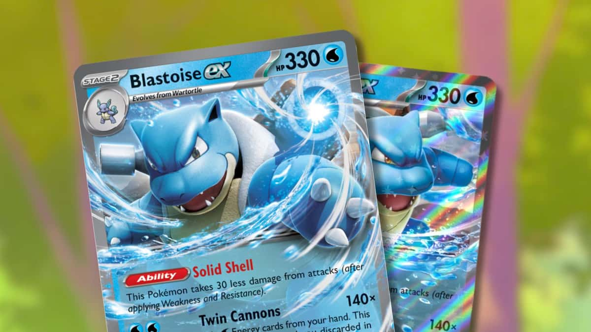 Blastoise Pokemon cards with forest background.