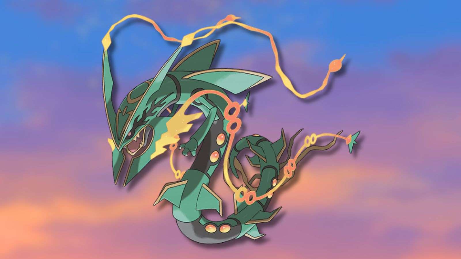 Mega Rayquaza Pokemon with anime background sky.