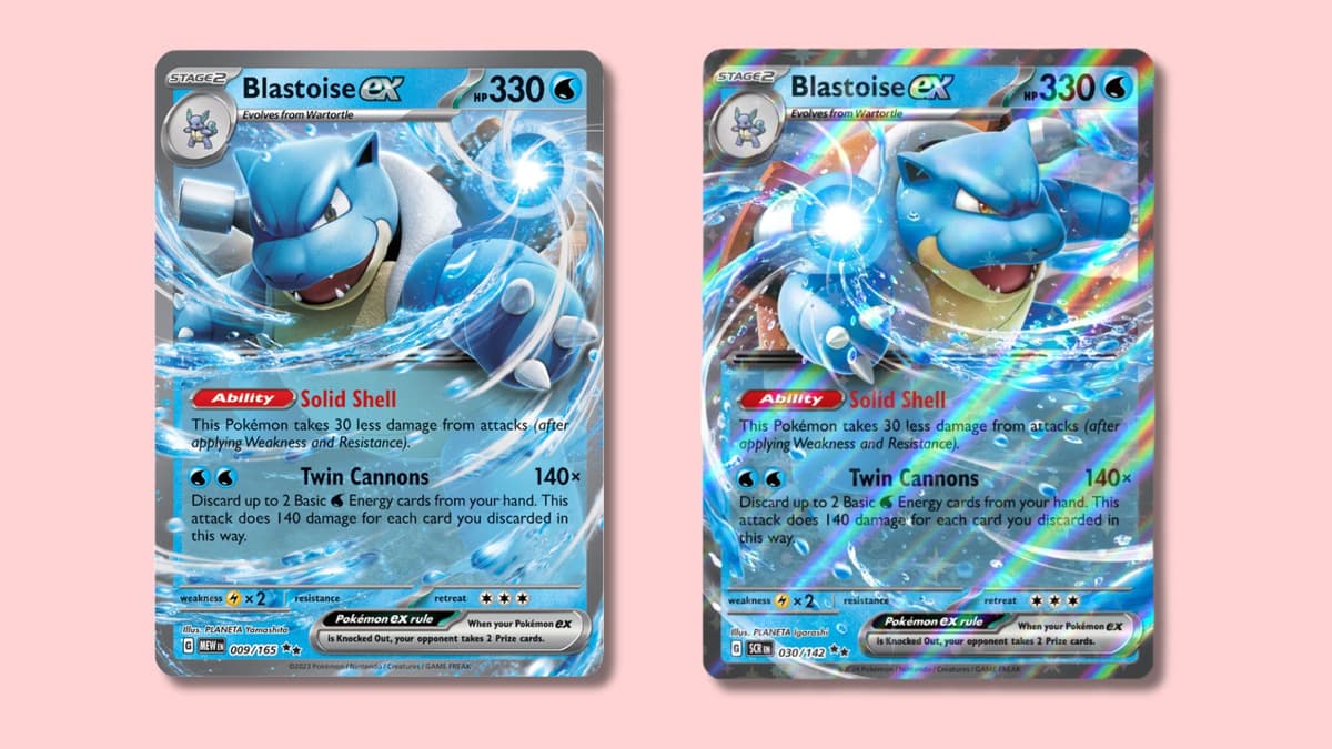 Blastoise Pokemon cards side by side with pink background.