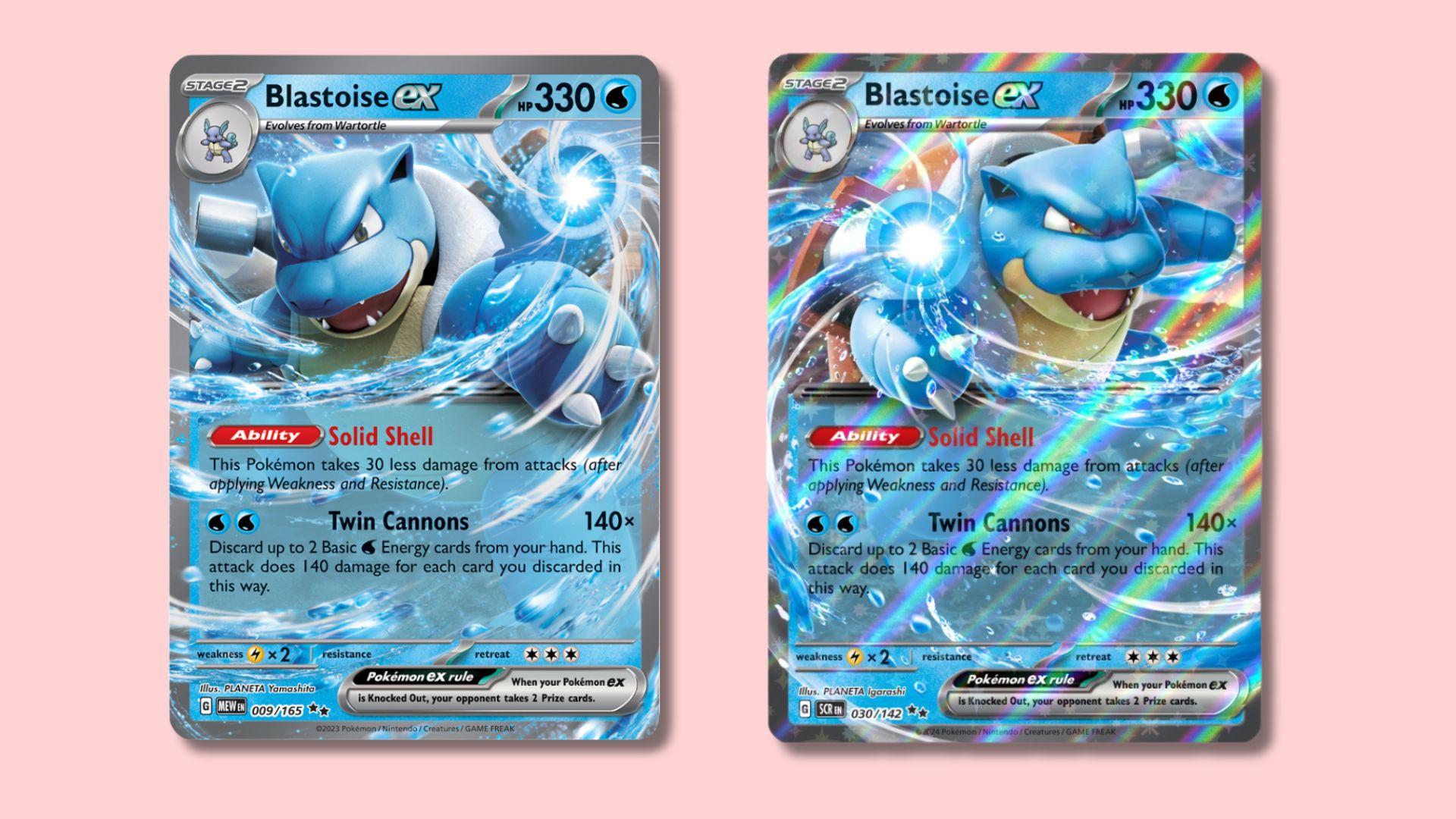 Blastoise Pokemon cards side by side with pink background.