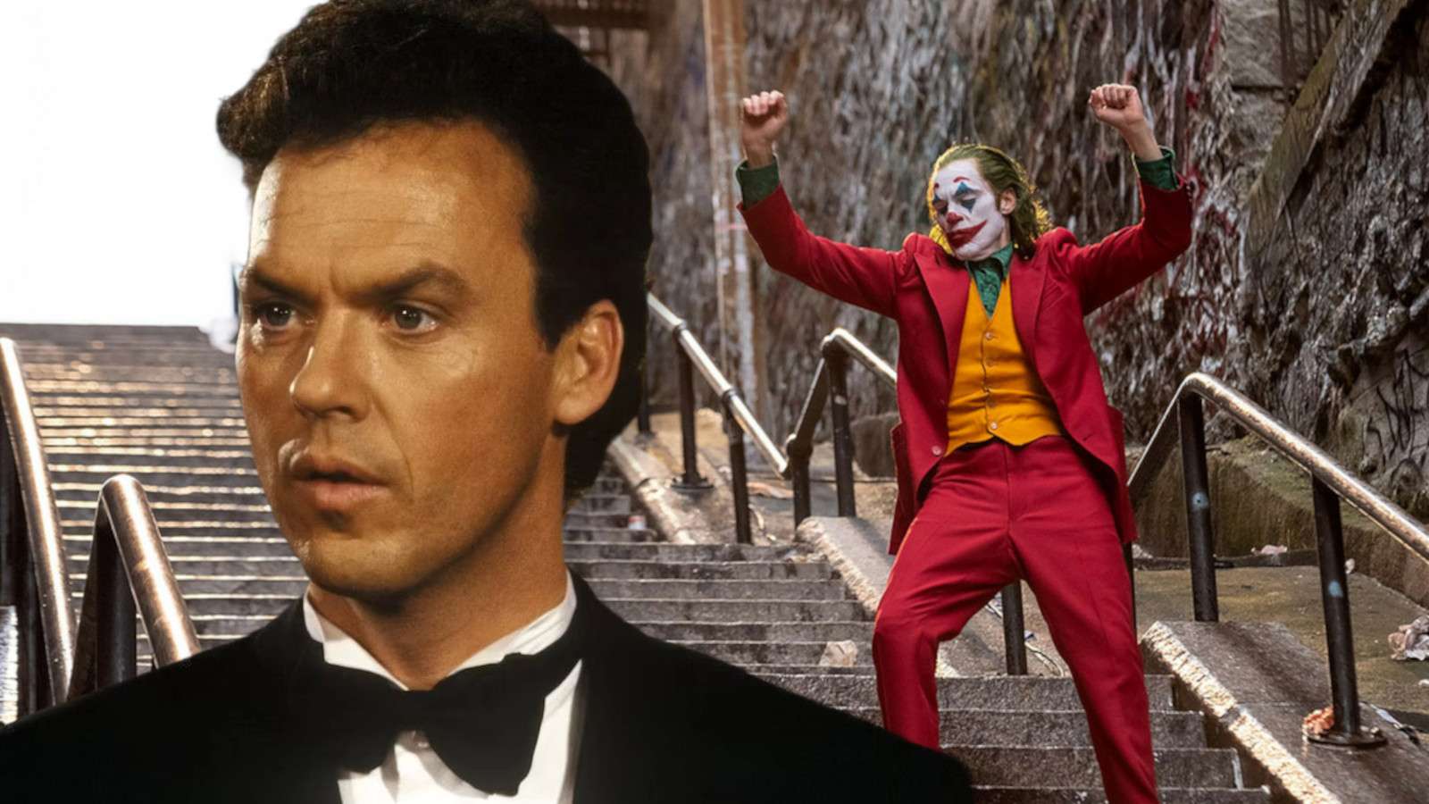 Is Michael Keaton playing the Joker? Michael Keaton as Bruce Wayne from Batman with the Joker behind him