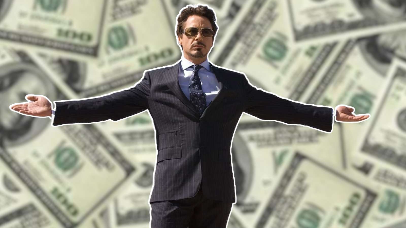 Robert Downey Jr. as Tony Stark, standing in front of a collage of cash