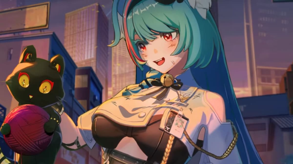 Anime girl with green hair smiling