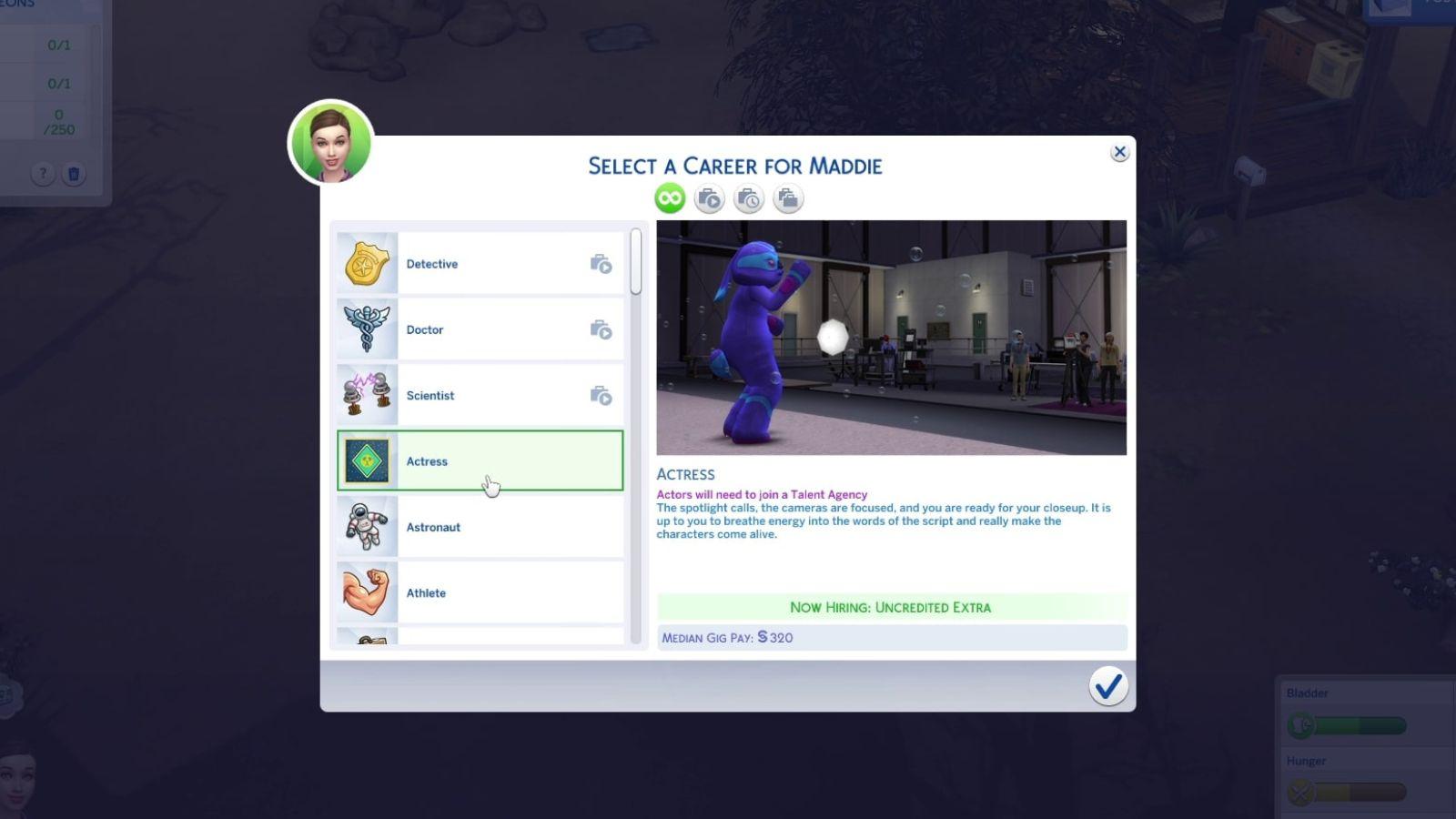 An image of the Actress career panel in The Sims 4.