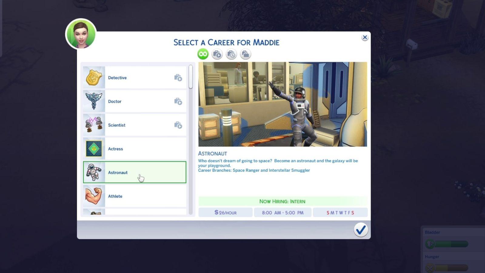 An image of the Astronaut career description in The Sims 4.