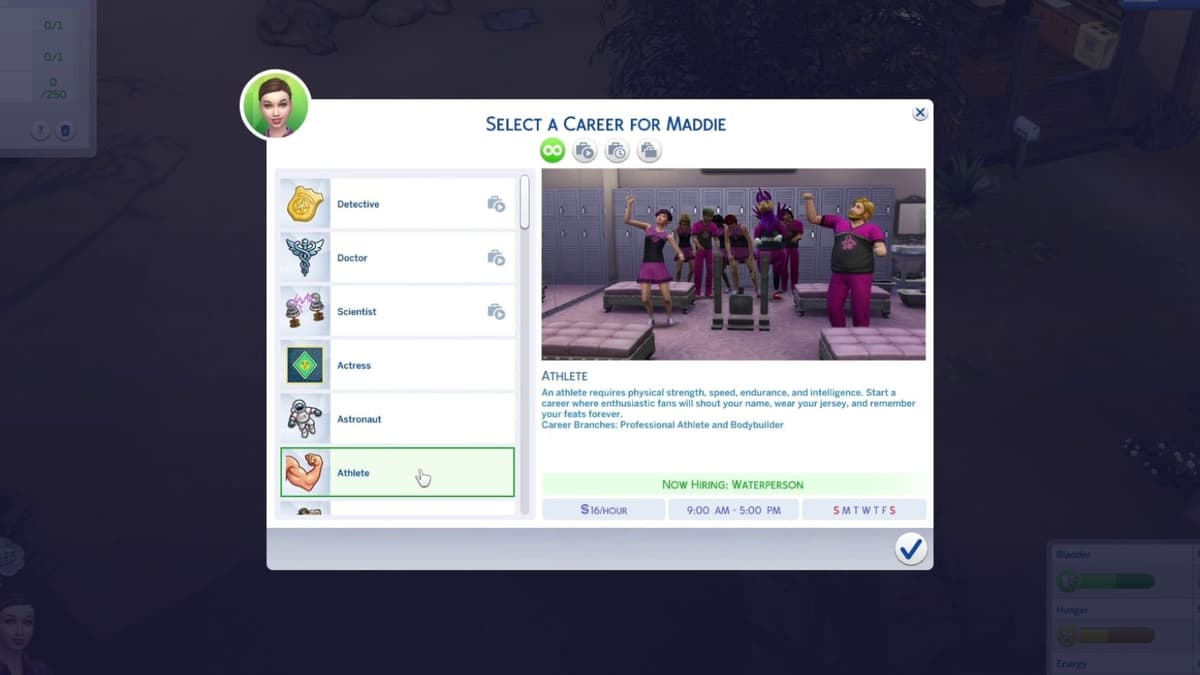 An image of the Athlete career description in The Sims 4.