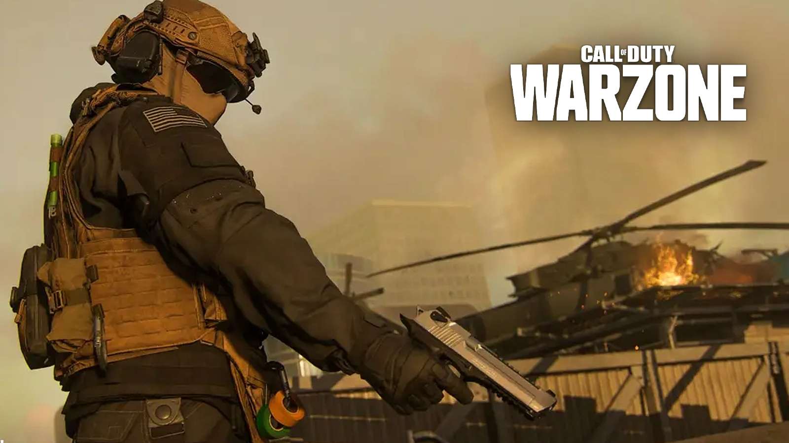 Modern Warfare 3 player holding COR 45 pistol with highrise helicopter in background