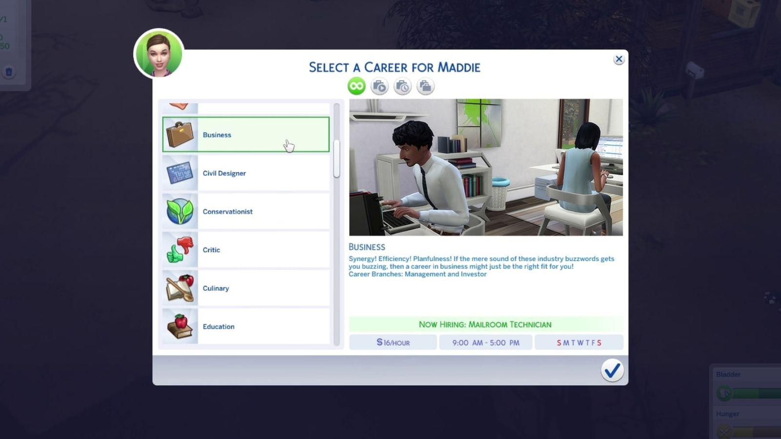 An image of the Business career description in The Sims 4.