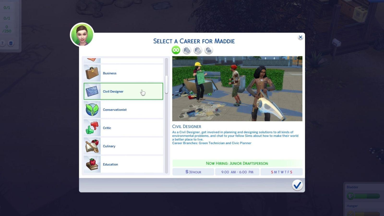 An image of the Civil Designer career description in The Sims 4.