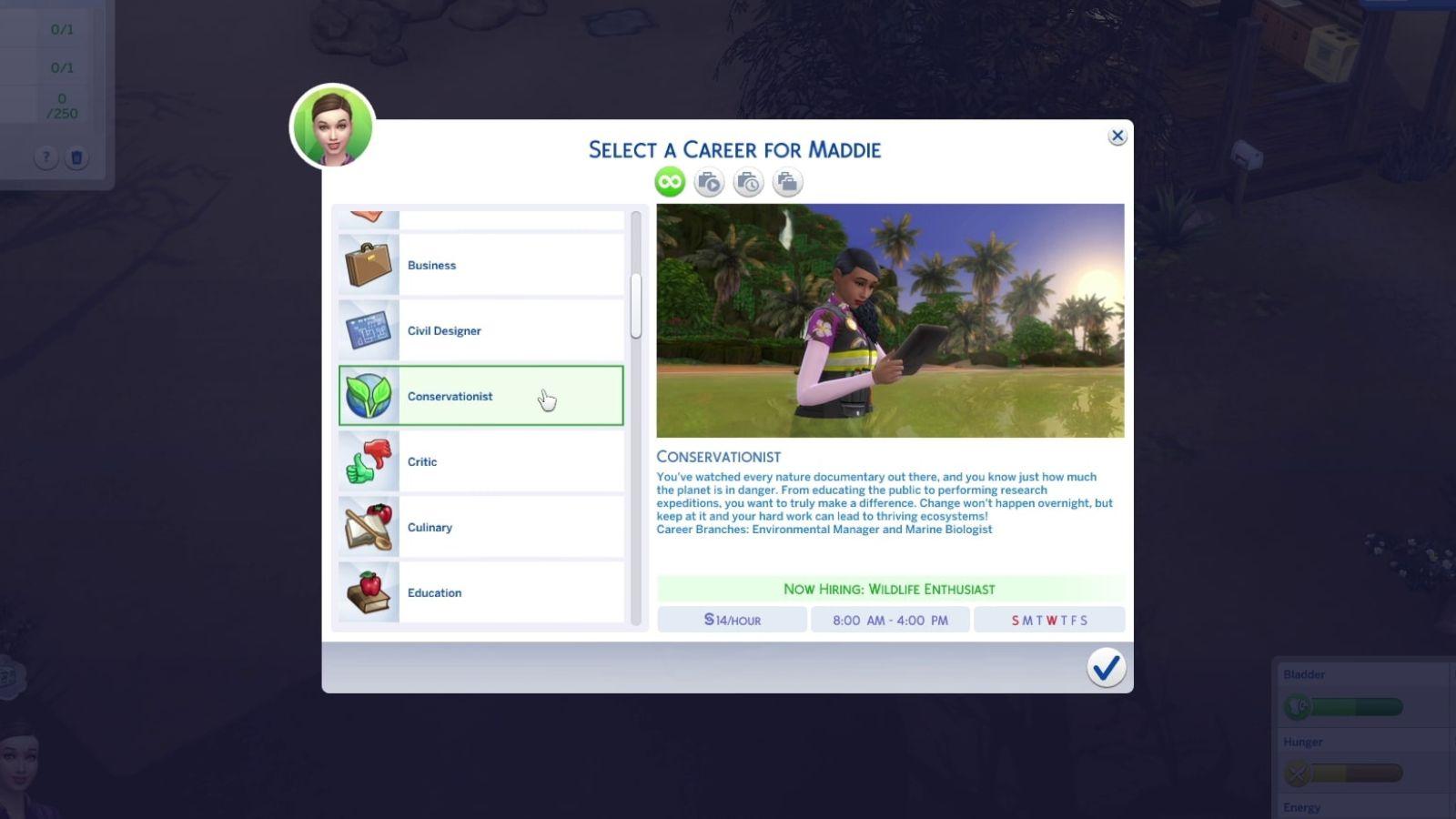 An image of the Conservationist career description in The Sims 4.