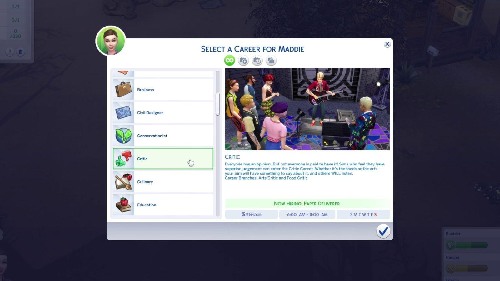 An image of the Critic career description in The Sims 4.