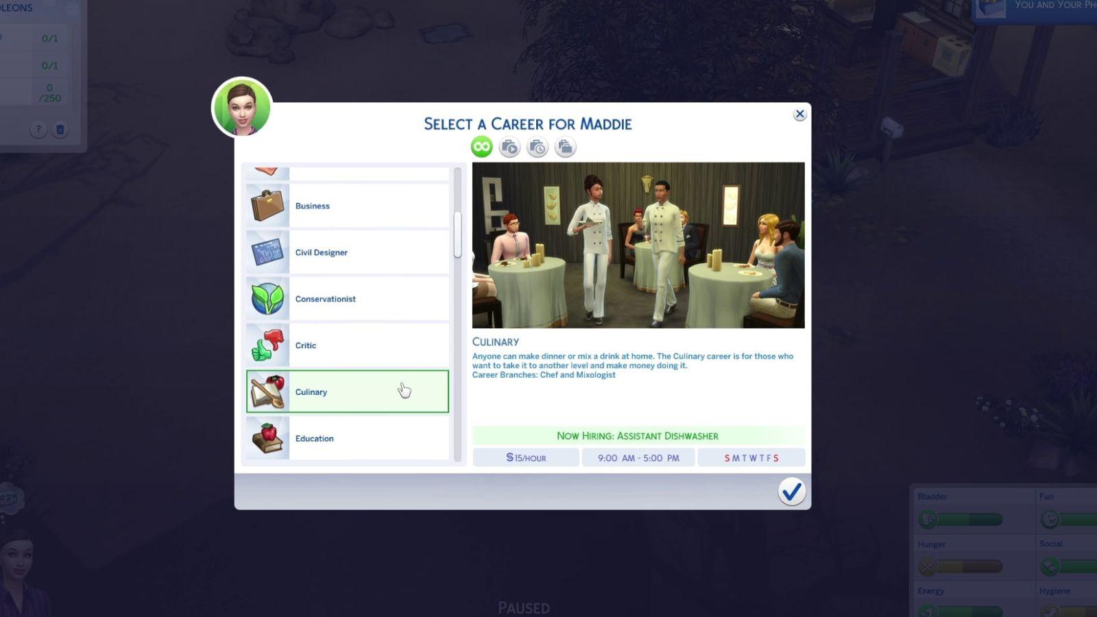 An image of the Culinary career description in The Sims 4.