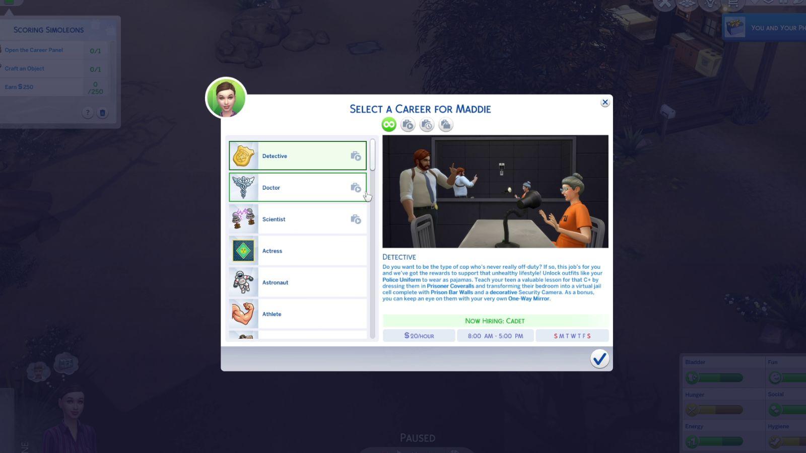 An image of the Detective career description in The Sims 4.