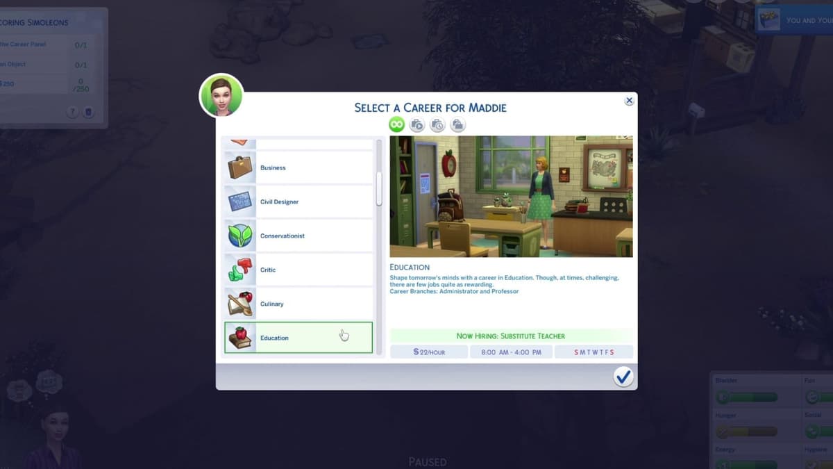 An image of the Education career description in The Sims 4.