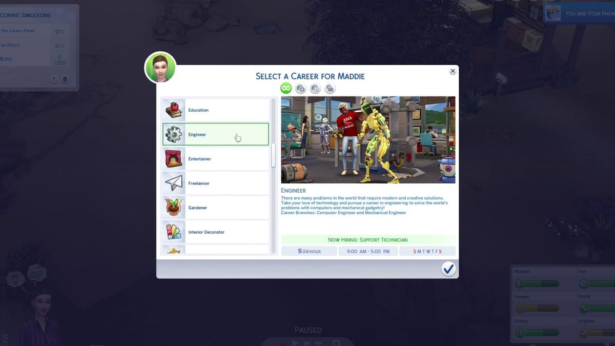 An image of the Engineer career description in The Sims 4.