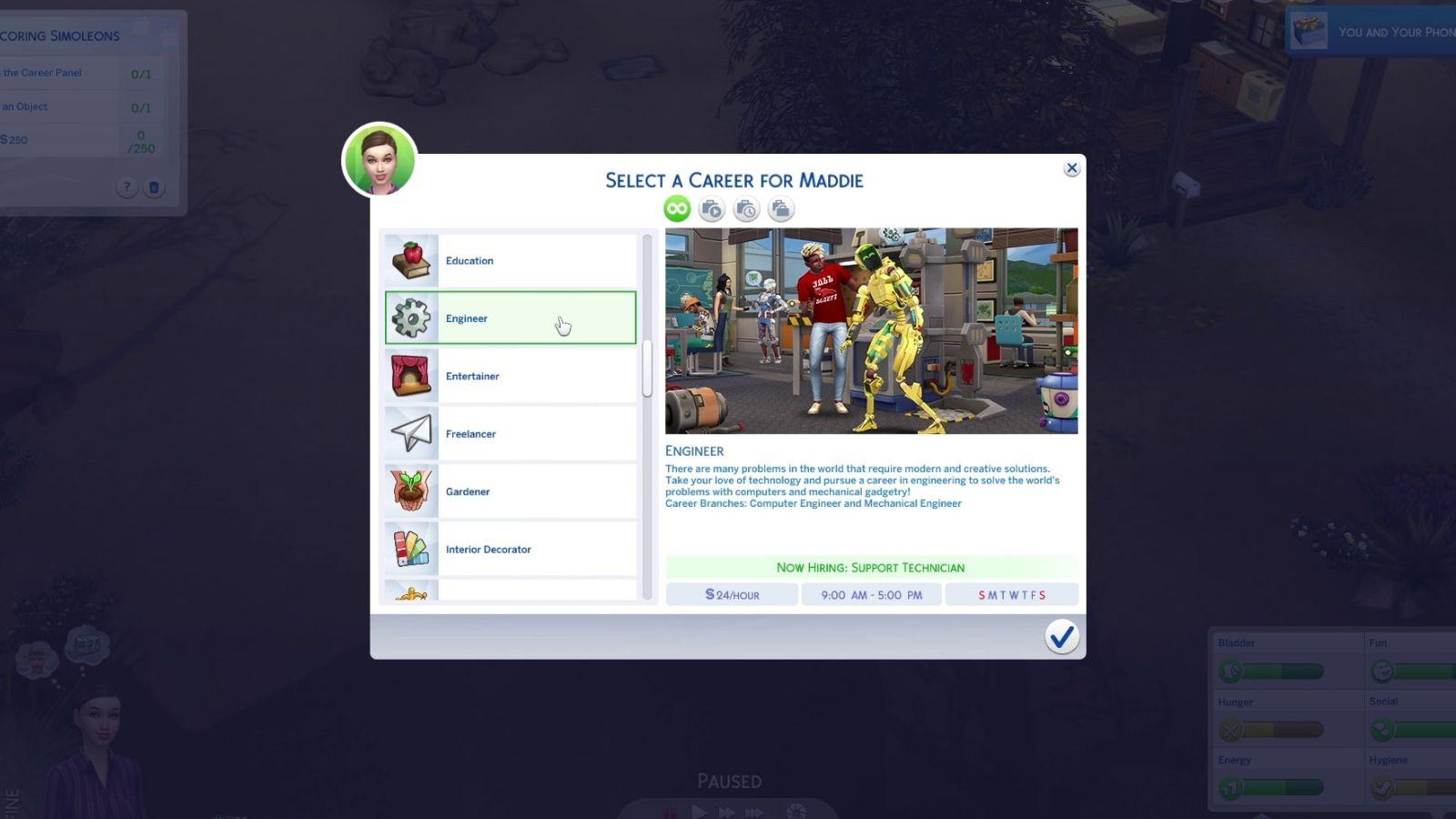 An image of the Engineer career description in The Sims 4.