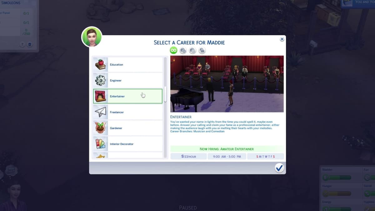 An image of the Entertainer career description in The Sims 4.